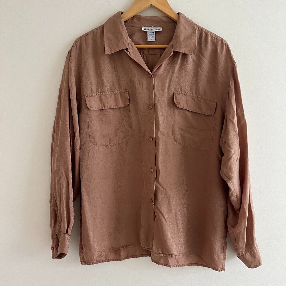 Vintage 100% Silk Jacquard‎ Button Down Blouse L Neutral Minimalist Work Top
